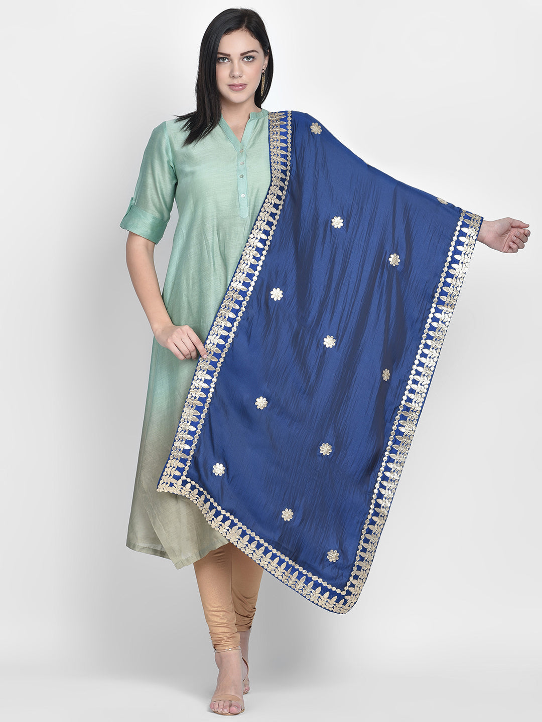 Dupatta Bazaar Woman's Blue Silk Dupatta with Gotta Patti Work. - Dupatta Bazaar