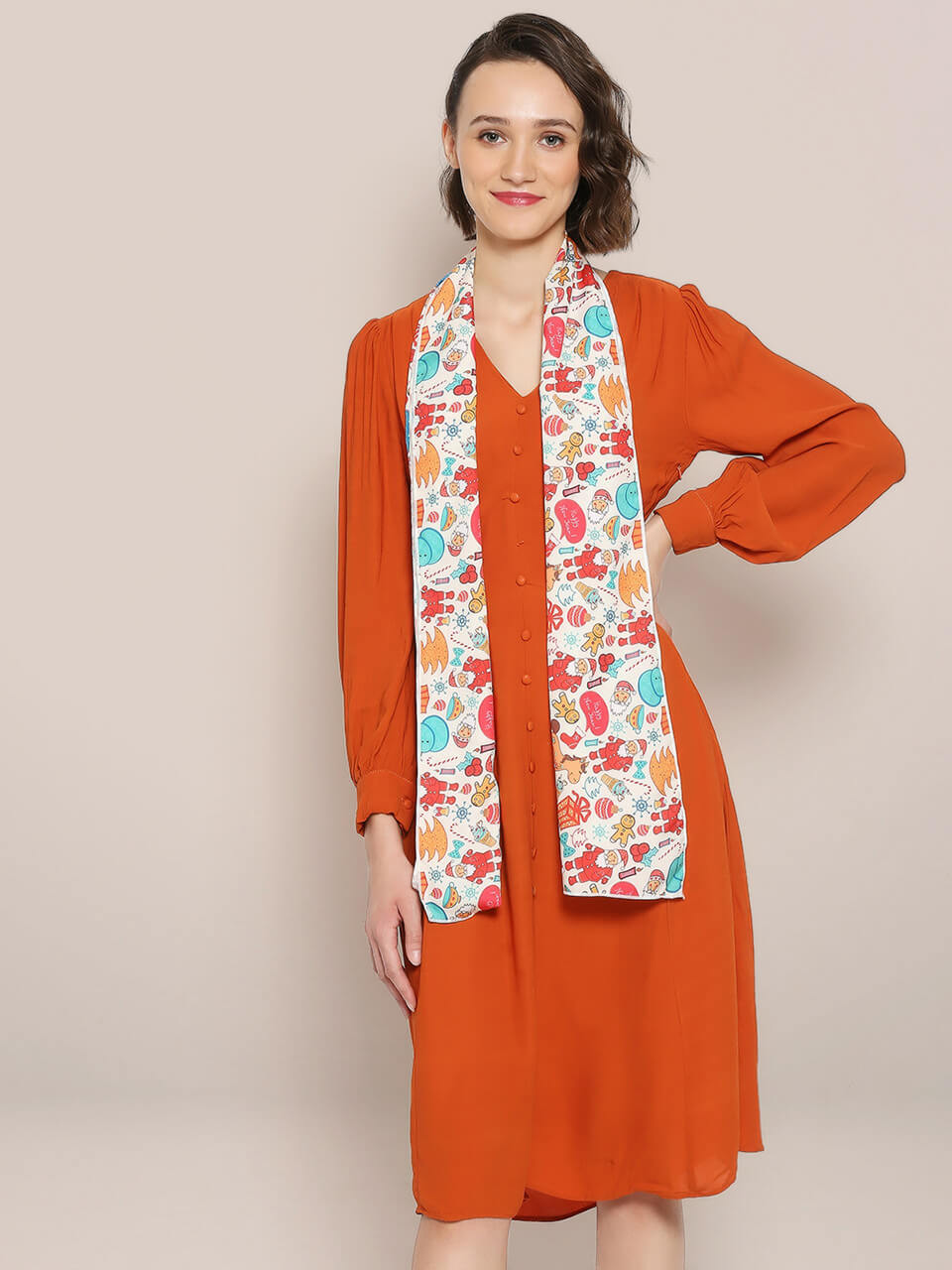 Printed Cream & Multicolor Silk Blend  Scarf/ Stole 
