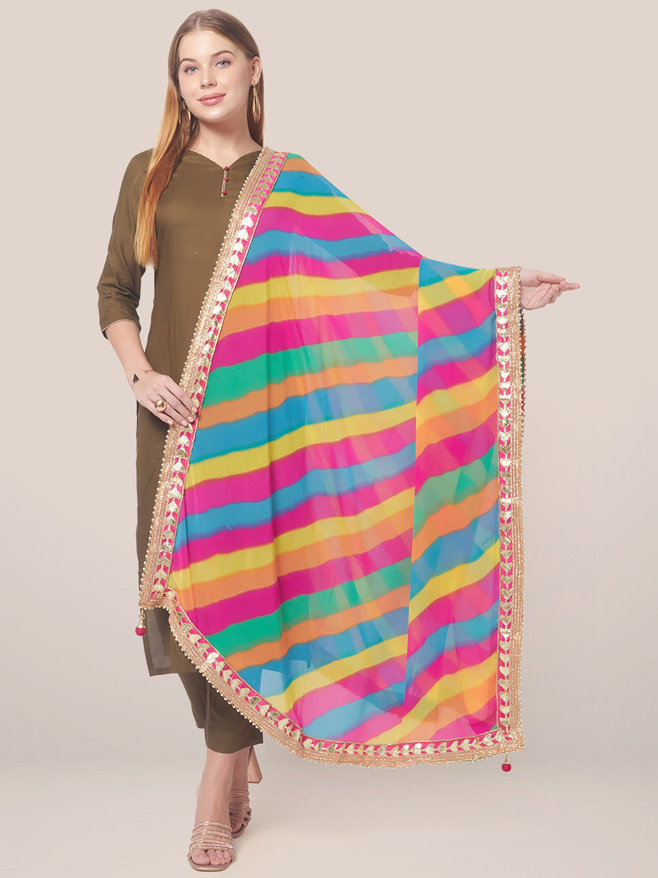 Georgette dupatta with Multi Colour Stripes and Gotta Patti border freeshipping - Dupatta Bazaar
