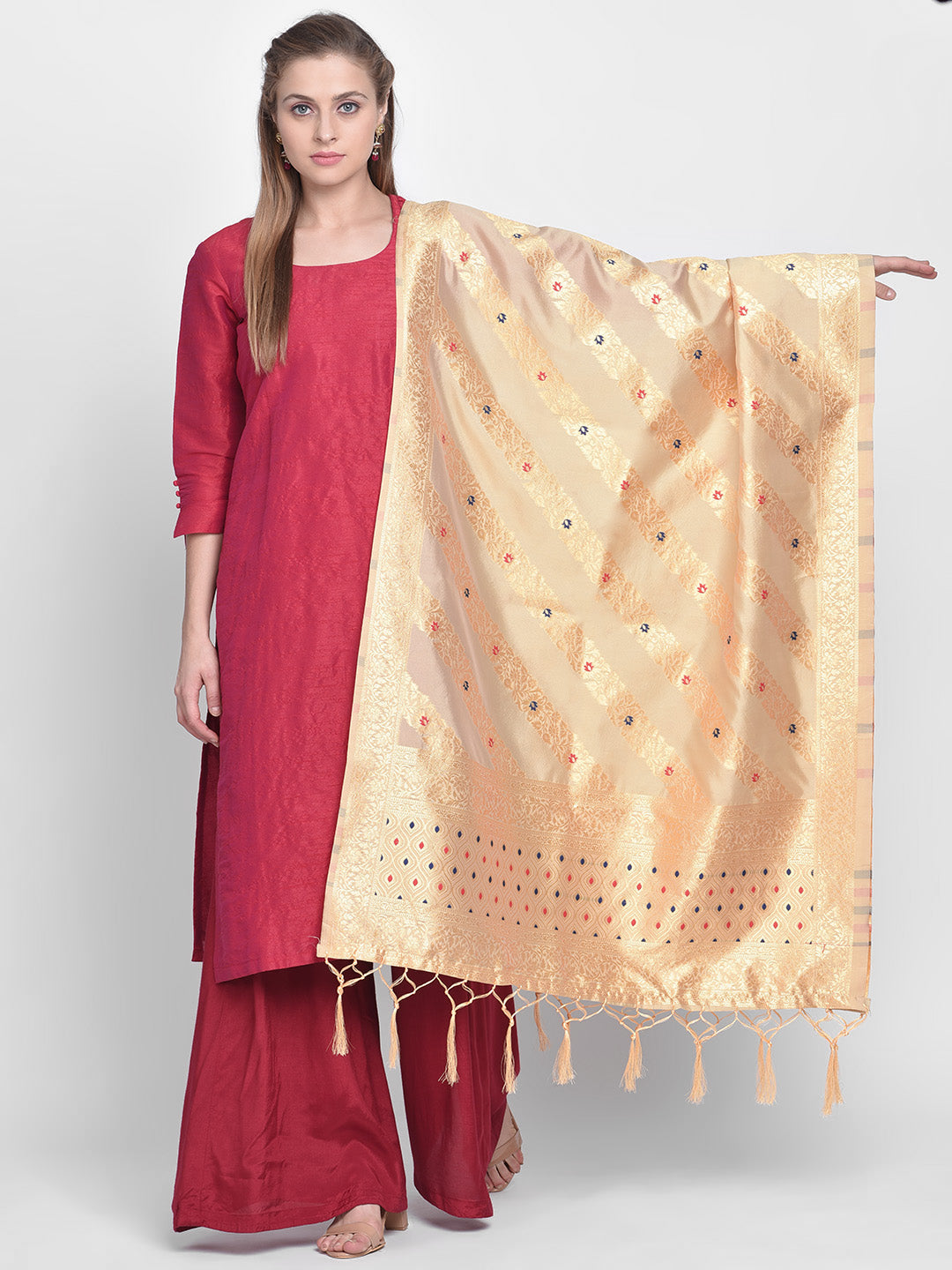 Dupatta Bazaar Woman's Beige Banarasi Silk Dupatta with floral design. - Dupatta Bazaar