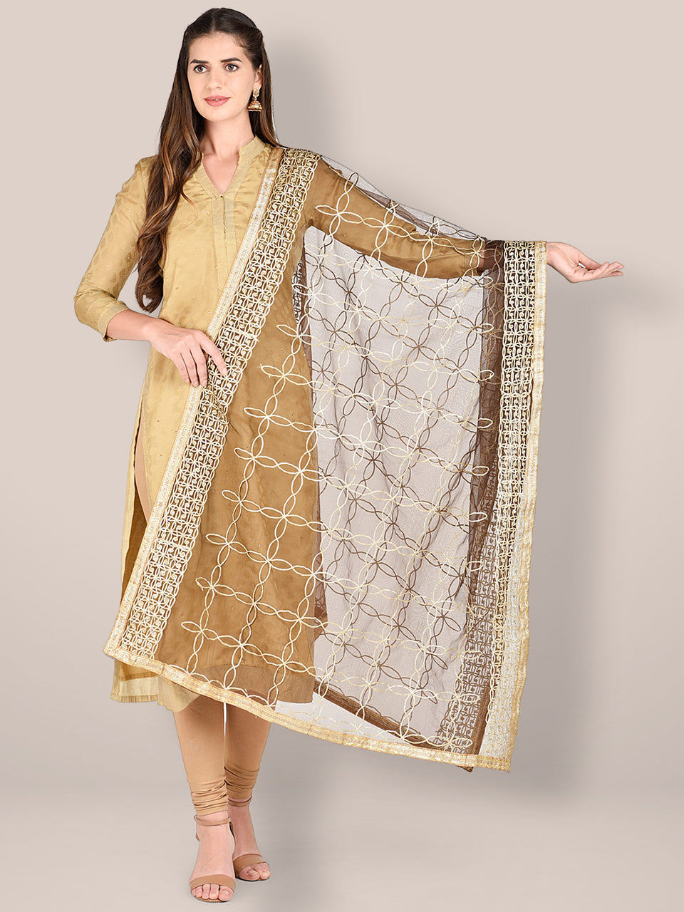 Brown Net Dupatta with Gotta Patti Work. freeshipping - Dupatta Bazaar
