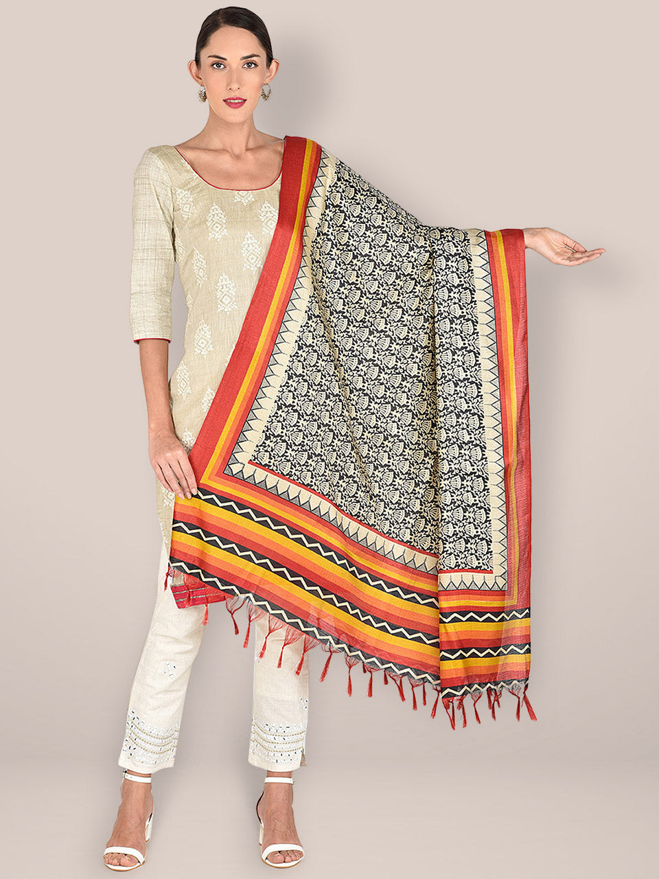 Floral Printed Black & Multicoloured Art Silk Dupatta freeshipping - Dupatta Bazaar