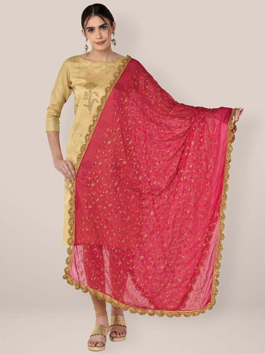 Rani Pink Chiffon Dupatta with Gold Embroidery freeshipping - Dupatta Bazaar