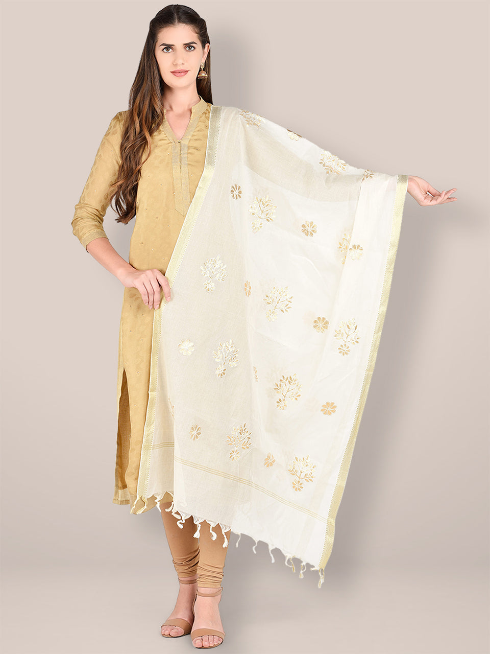 Cream Cotton Dupatta with Gotta Patti Motifs. freeshipping - Dupatta Bazaar