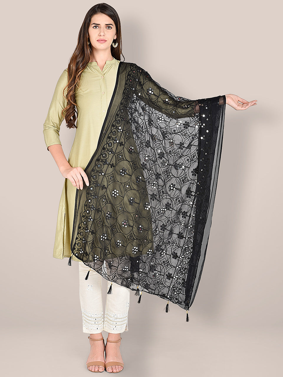 Embroidered Black Chiffon Dupatta freeshipping - Dupatta Bazaar
