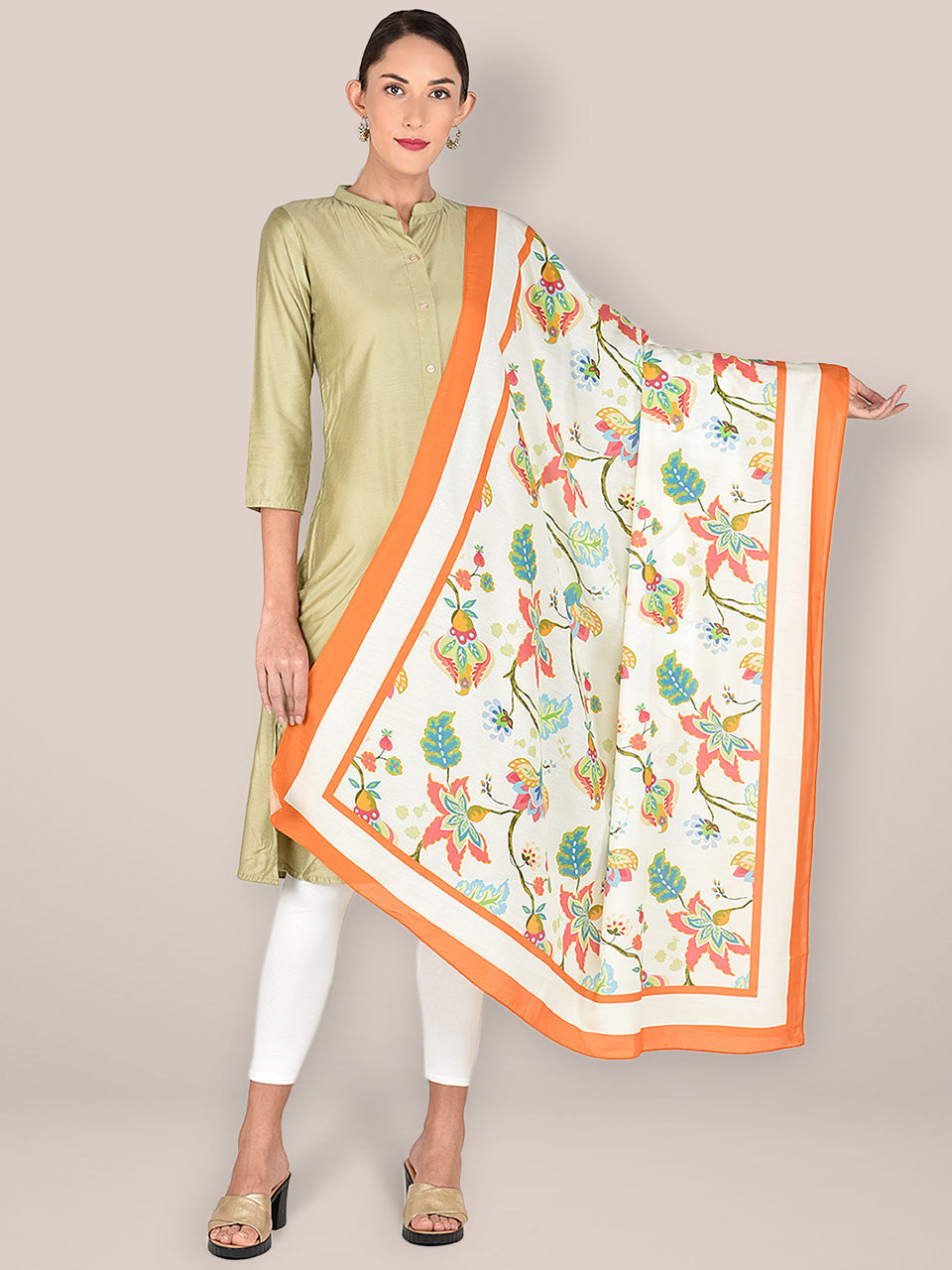 Printed Cream & Multicoloured Silk Dupatta freeshipping - Dupatta Bazaar