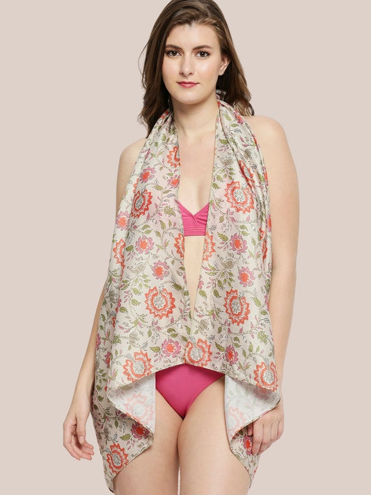 Floral Printed Beige & Orange Satin Sarong.