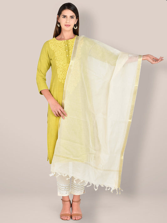 Mangalgiri Cream Cotton Dupatta with Golden border freeshipping - Dupatta Bazaar
