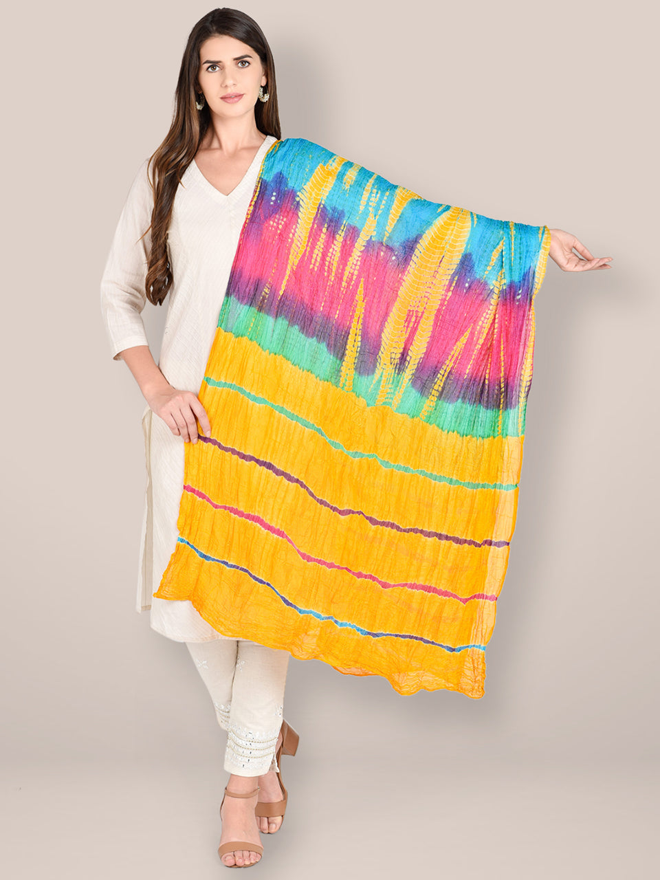 Yellow Multicoloured Blended Silk Dupatta freeshipping - Dupatta Bazaar