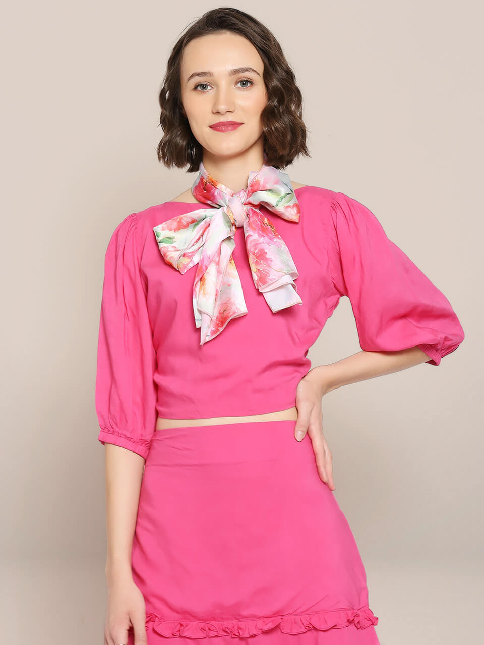 Pink & Multicolor Printed Satin Scarf
