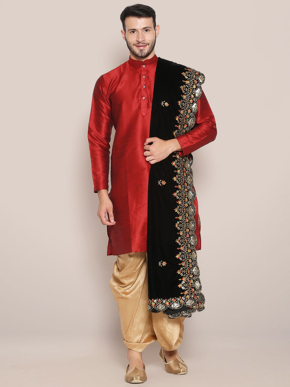 Men's Black Velvet Dupatta with Multicolour Embroidery freeshipping - Dupatta Bazaar
