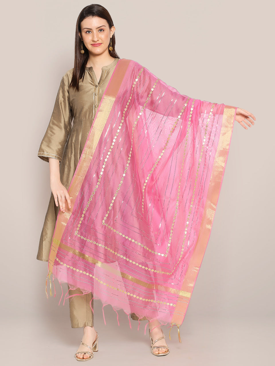 Baby Pink Chanderi Silk Dupatta with Sequins & Gotta Patti freeshipping - Dupatta Bazaar