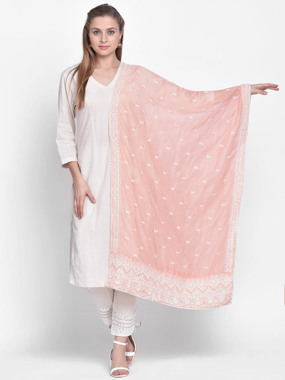 Dupatta Bazaar Woman's Embroidered Peach Super Net Dupatta. - Dupatta Bazaar