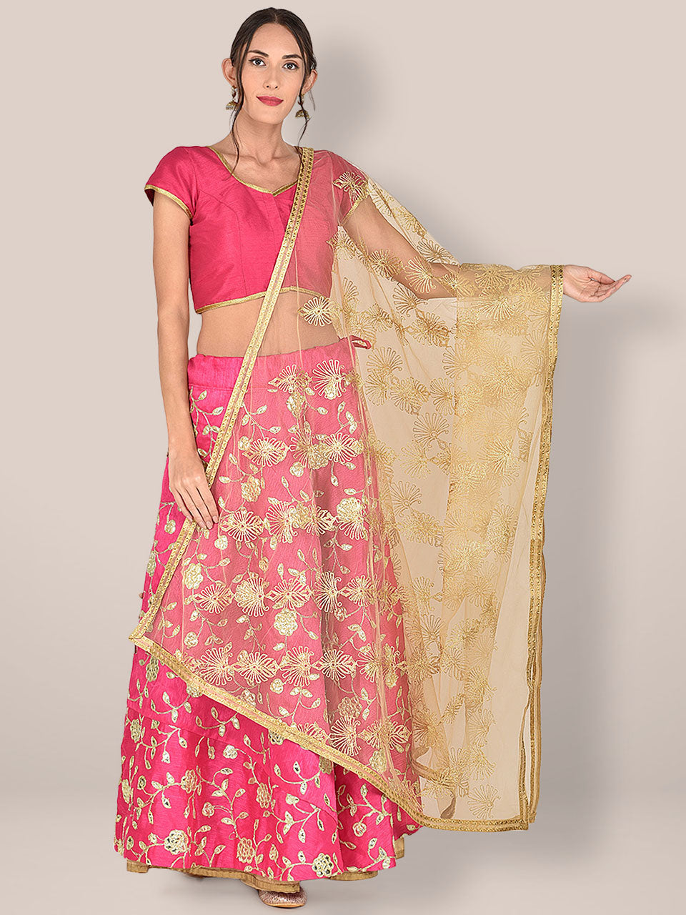 Embellished Gold Net Dupatta with ethnic Zari Motifs freeshipping - Dupatta Bazaar