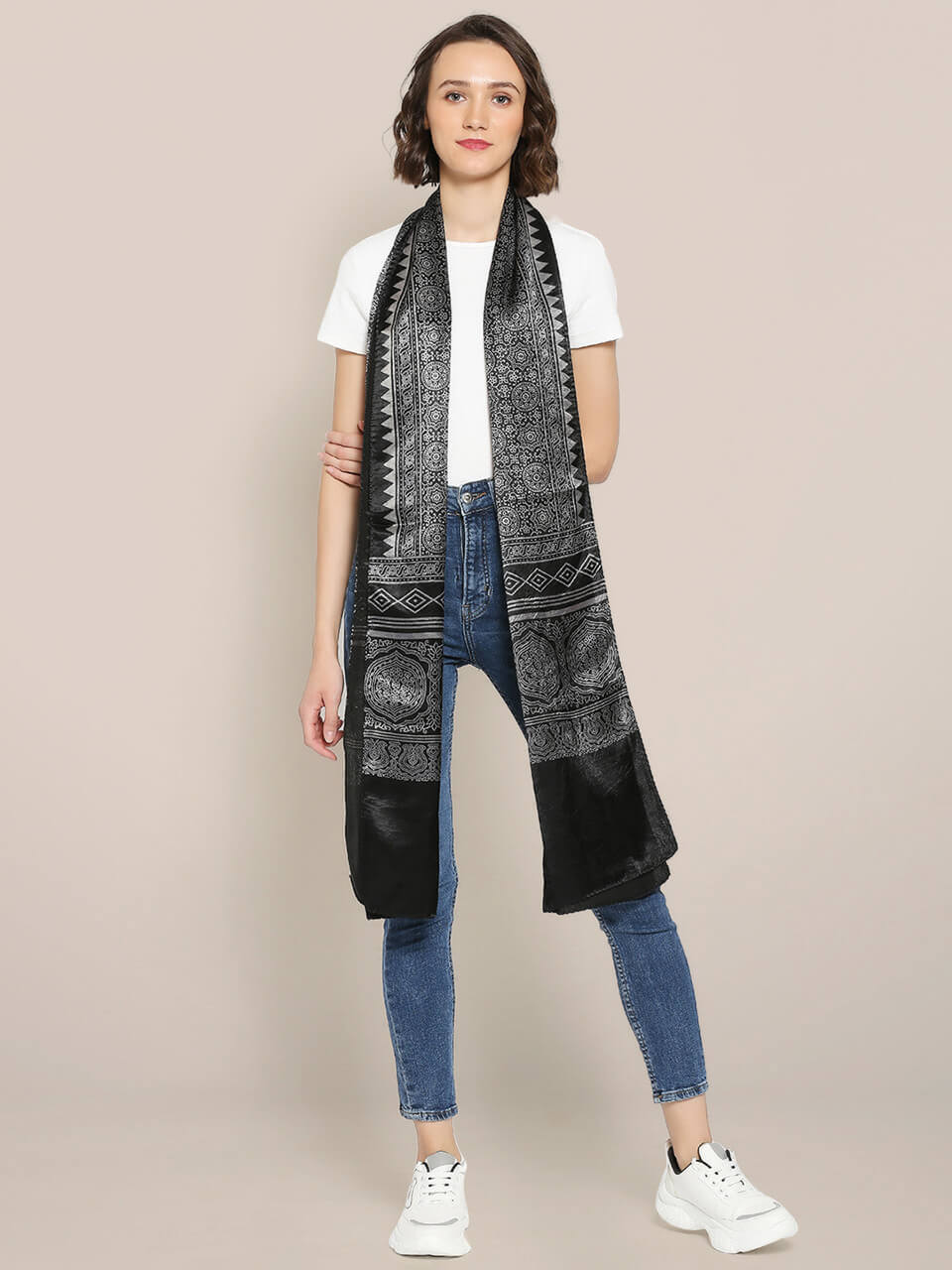 Ajrakh Hand Block Printed Black Mushru Stole 
