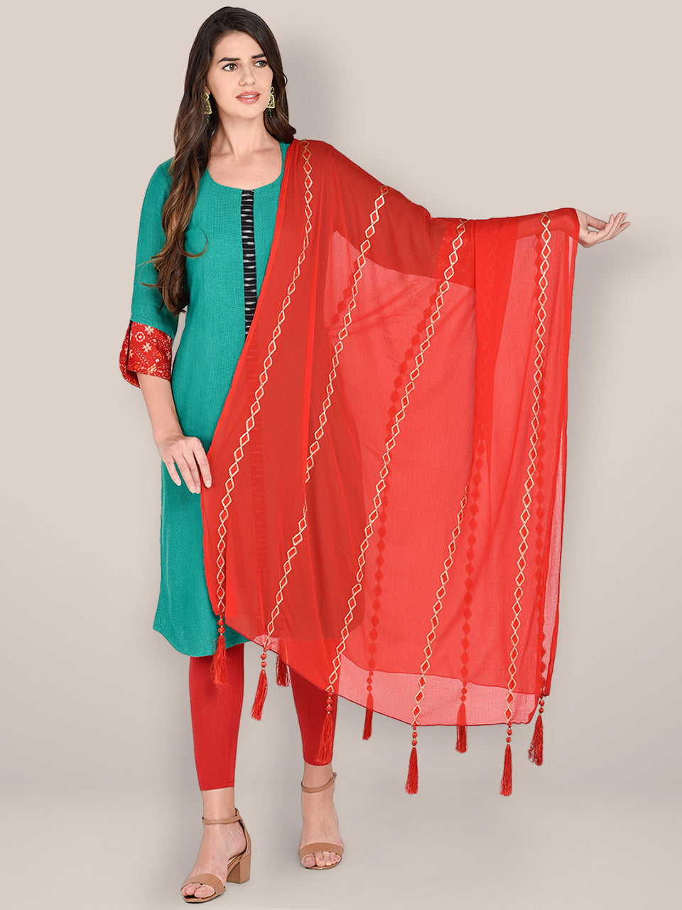 Embroidered Red Chiffon Dupatta. freeshipping - Dupatta Bazaar