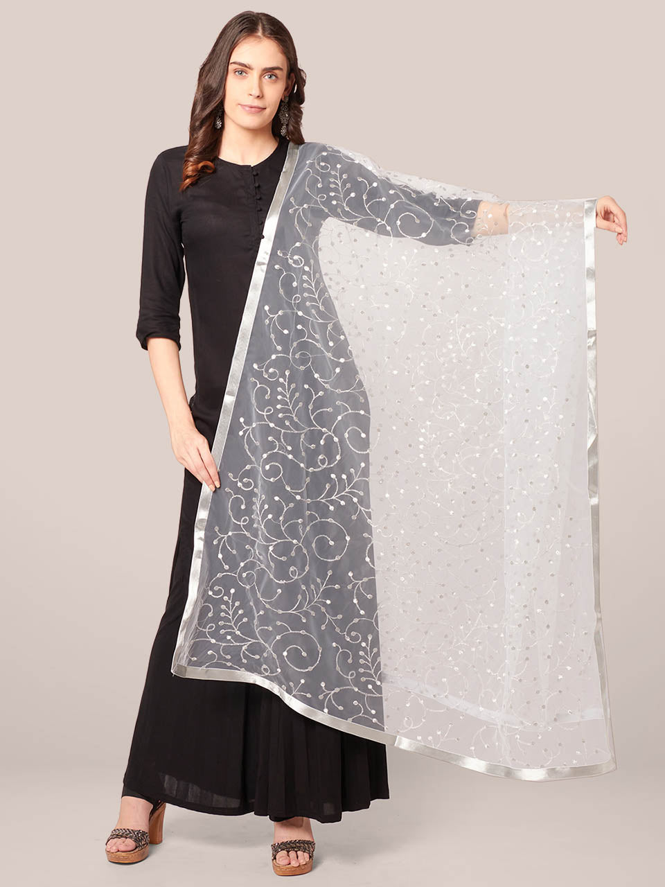 Embroidered Silver Net Dupatta freeshipping - Dupatta Bazaar
