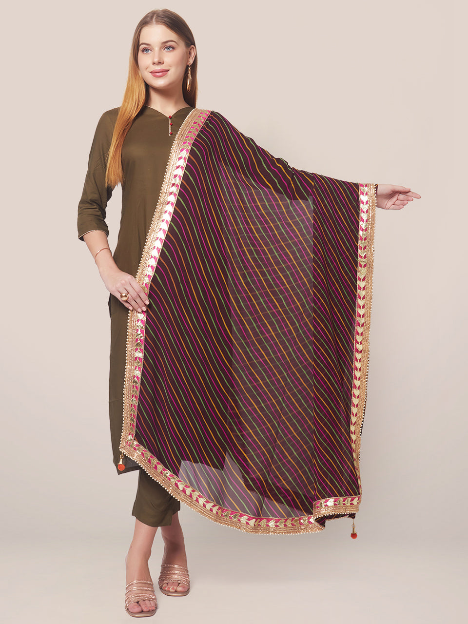 Georgette dupatta with Multi Colour Stripes  and Gotta Patti border freeshipping - Dupatta Bazaar