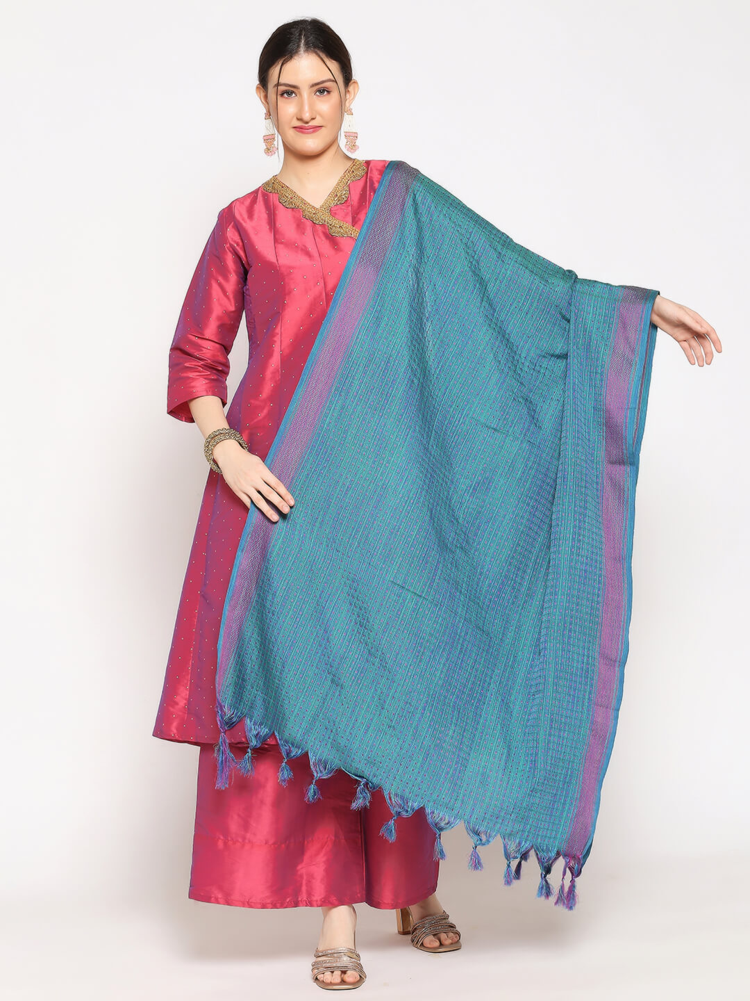 Woven Checkered Cotton Dupatta with Polka dots 
