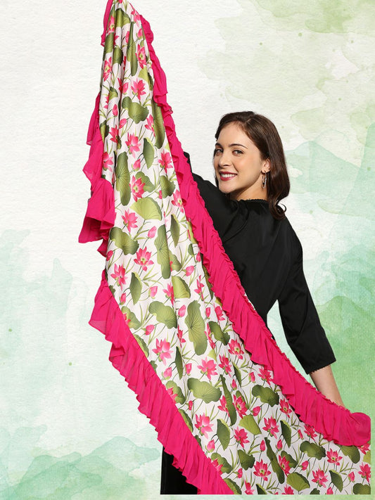 Lotus Printed Pichwai Dupatta With Ruffles