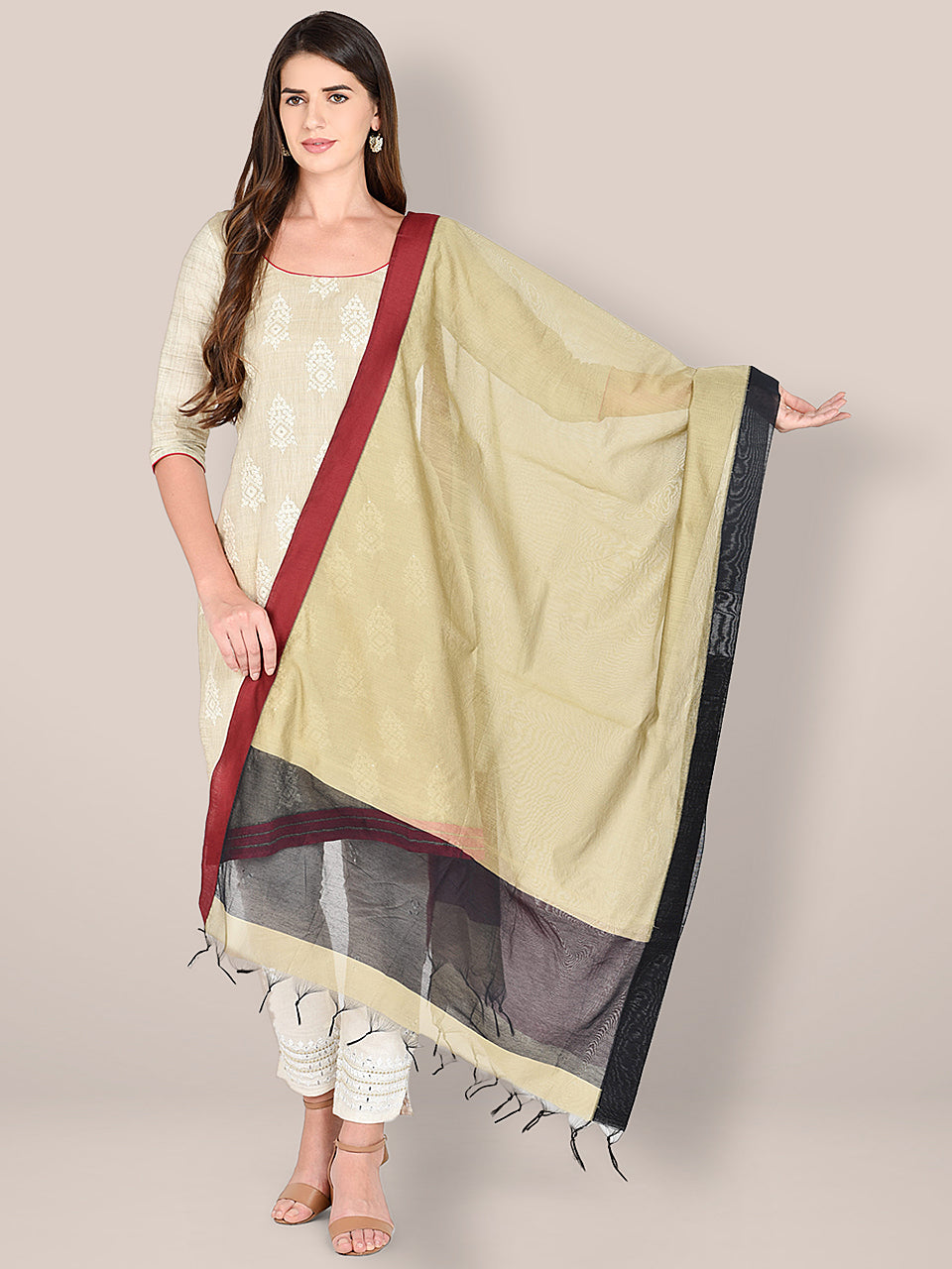 Chanderi Silk Dupatta with Black & Maroon Border freeshipping - Dupatta Bazaar