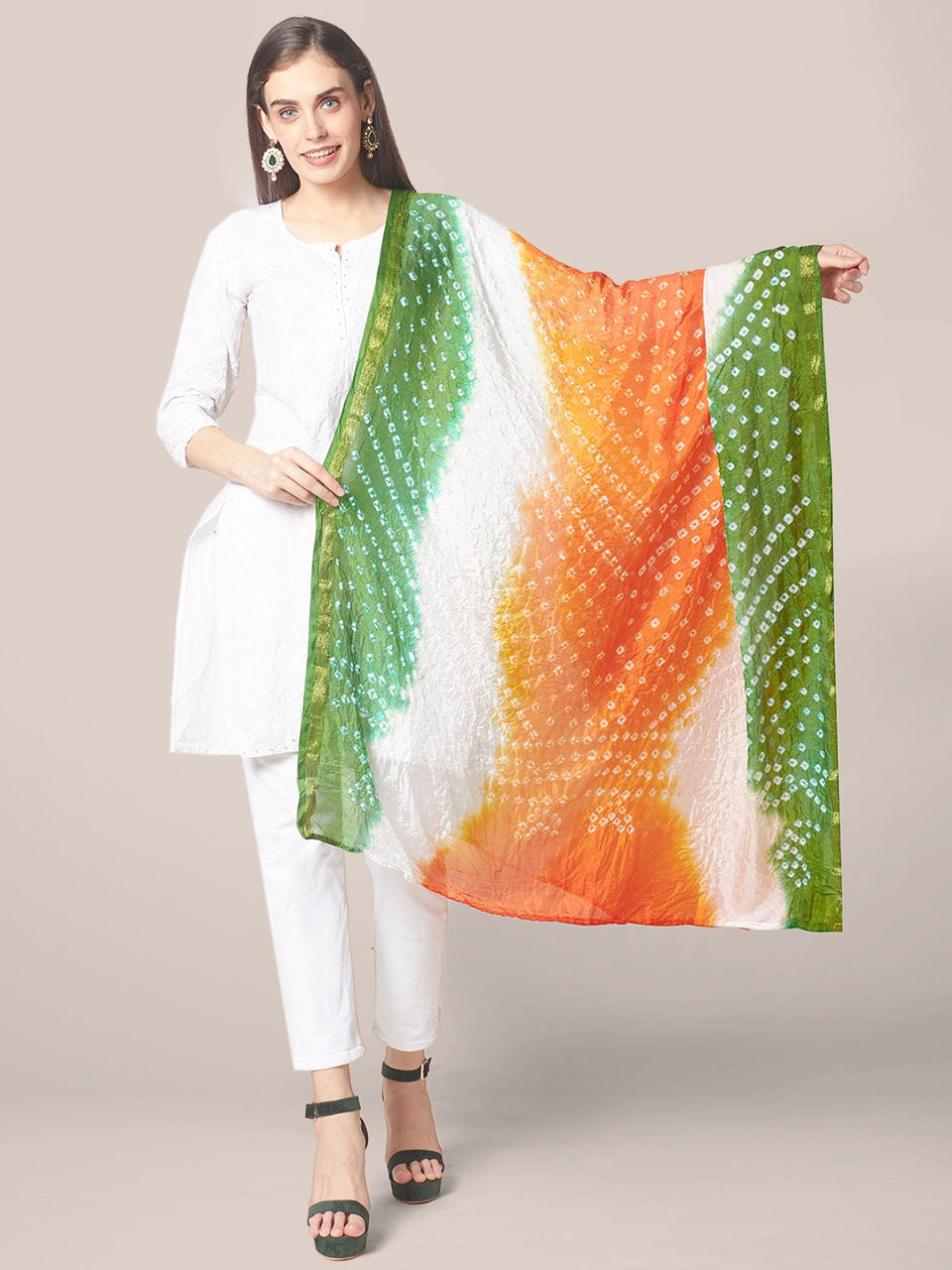 Tri Colour Tiranga Bandhini Silk Dupatta Stole 2meters(Independence Day/Republic Day) freeshipping - Dupatta Bazaar