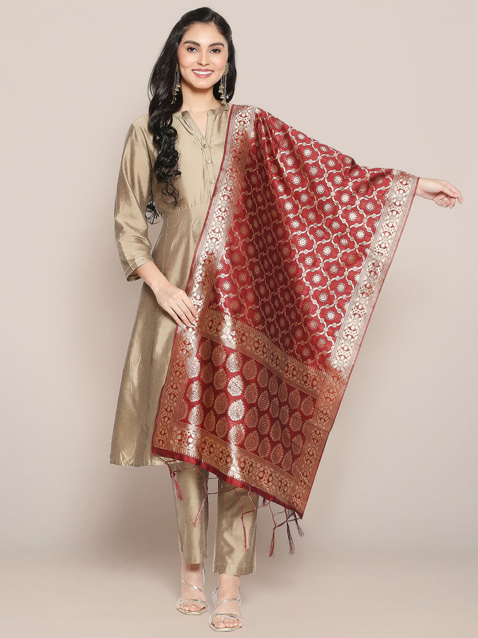 Maroon Banarasi Silk Dupatta with Bhandej design. freeshipping - Dupatta Bazaar