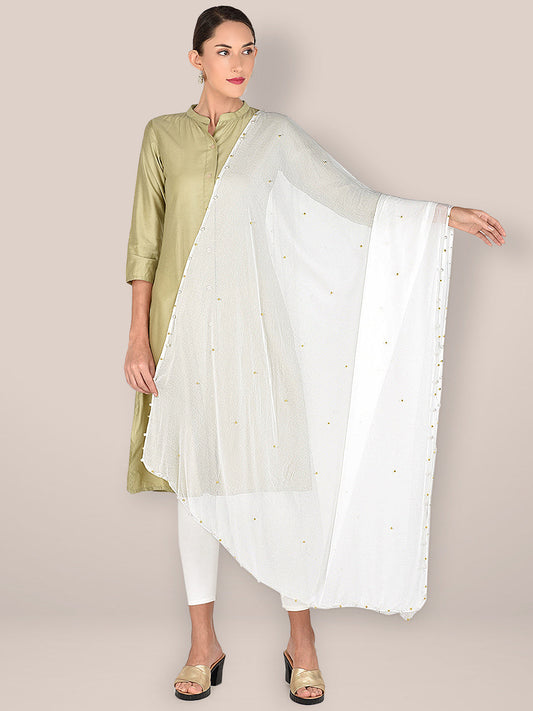 Offf White Chiffon Dupatta  with Pearls & Beads freeshipping - Dupatta Bazaar