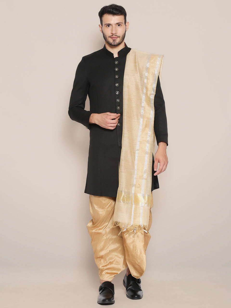 Men's Gold Blended Silk Dupatta with Silver Gold Border freeshipping - Dupatta Bazaar