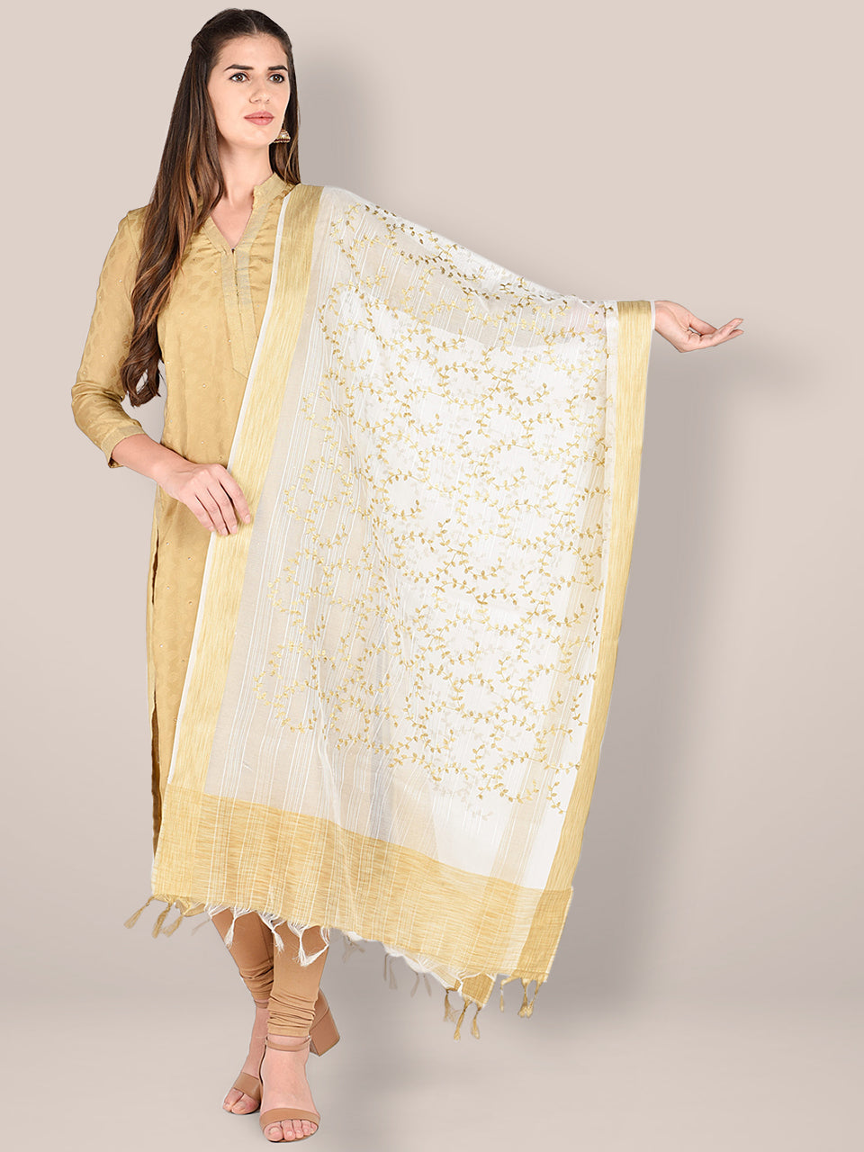 Embroidered White Blended Silk Dupatta. freeshipping - Dupatta Bazaar