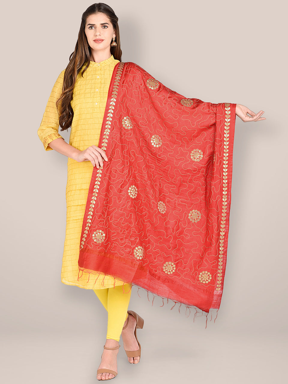 Embroidered Red Blended Silk Dupatta freeshipping - Dupatta Bazaar