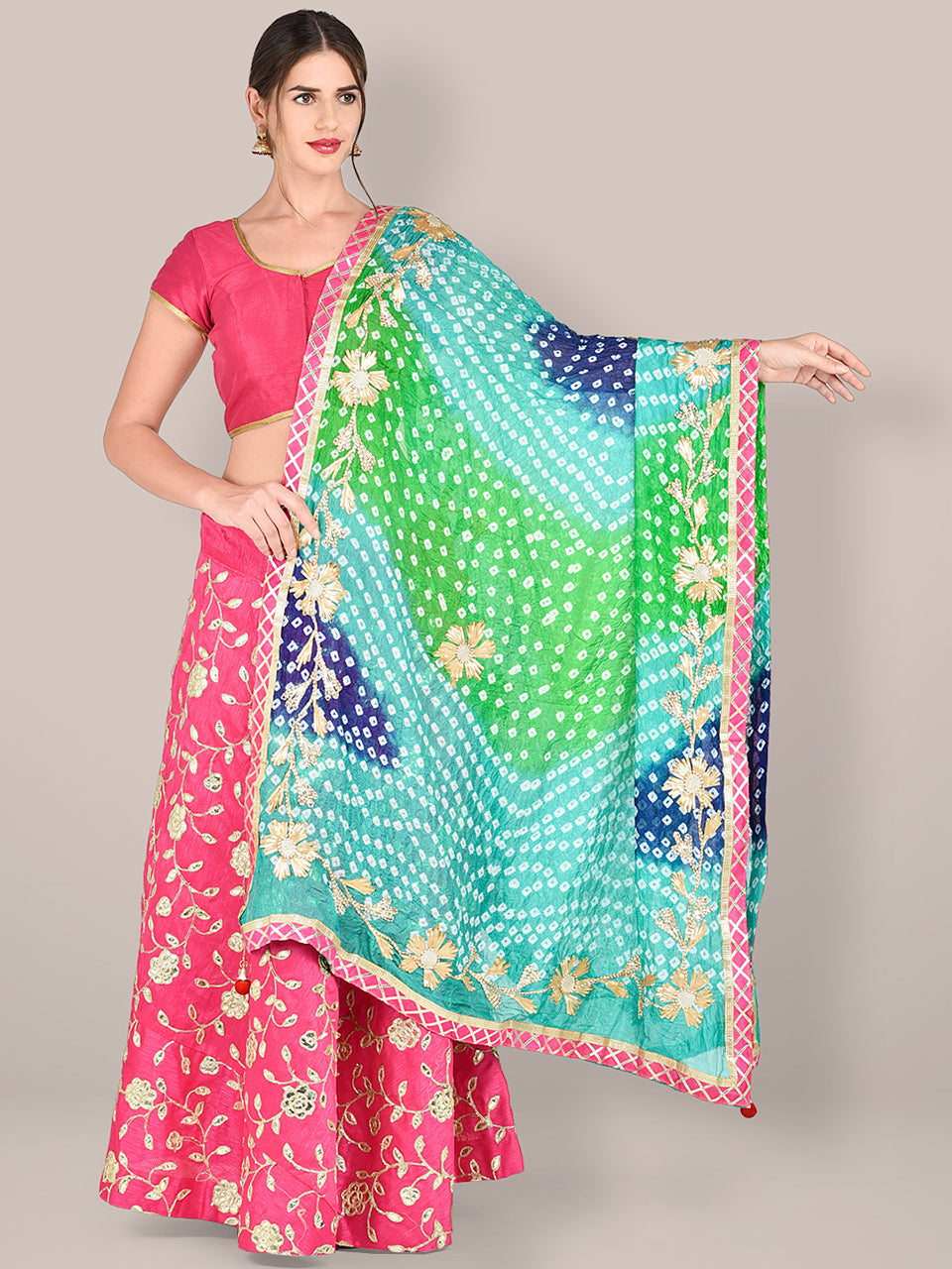Multicolor Bandhini Dupatta with Gotta Patti Work. freeshipping - Dupatta Bazaar