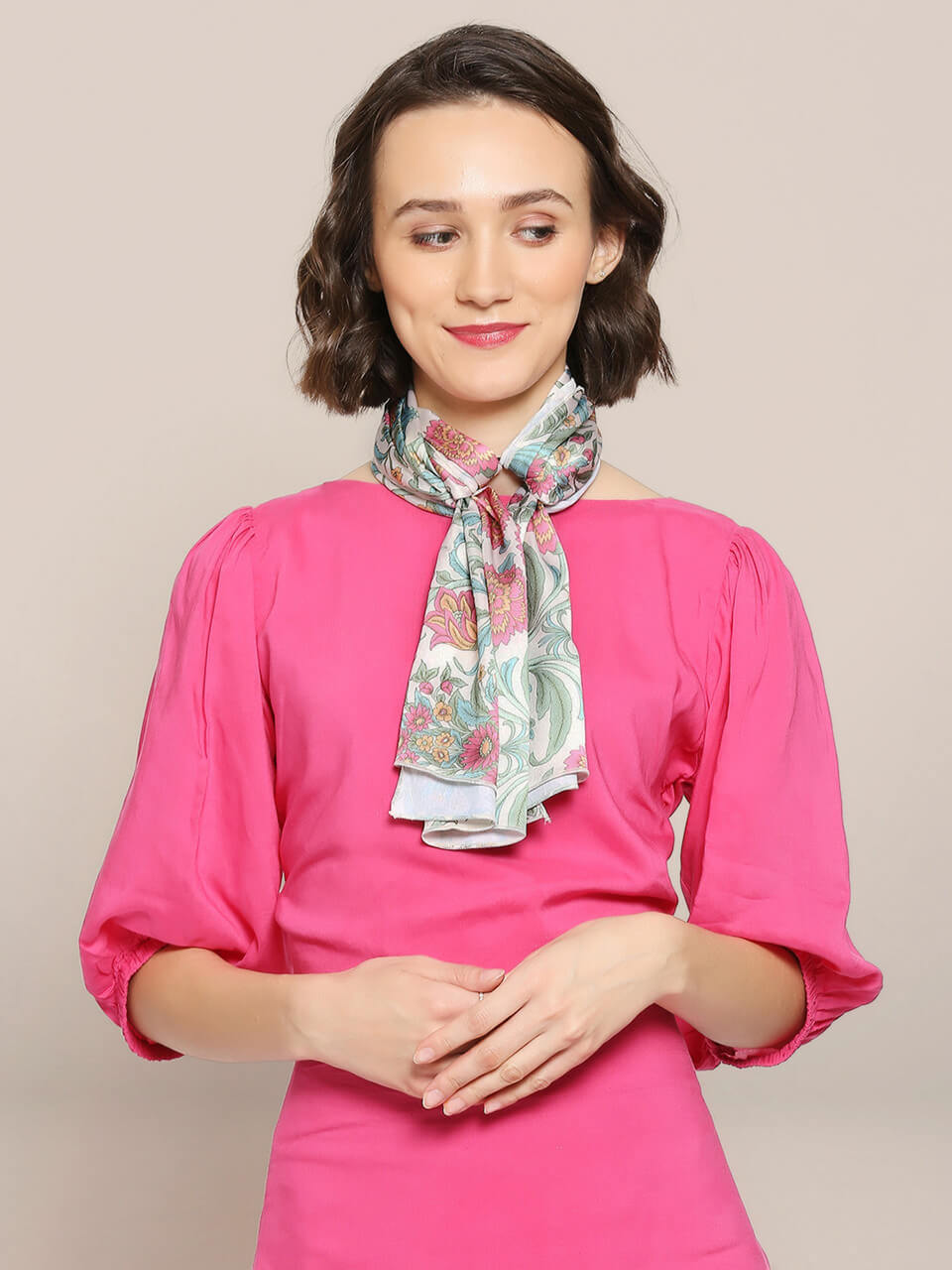 Light Gold & Multicolor Printed Satin Scarf