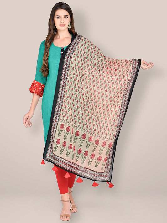 Beige & Pink Floral Printed Blended Silk Dupatta. freeshipping - Dupatta Bazaar