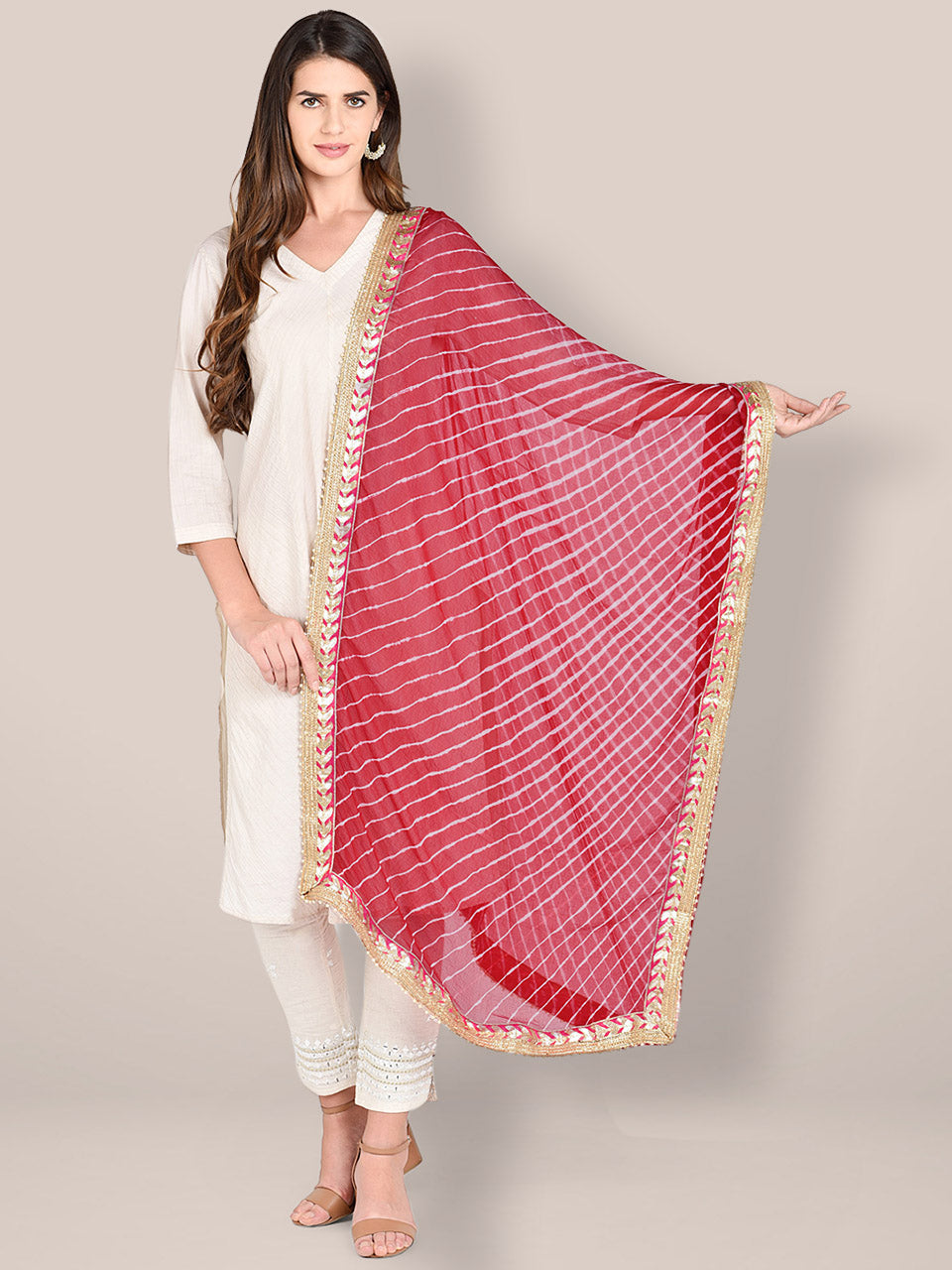 Red Leharia Chiffon Dupatta with Gotta Patti Border freeshipping - Dupatta Bazaar