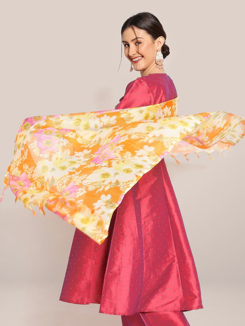 Digital Printed Floral Orange & Pink Kota Doria Dupatta freeshipping - Dupatta Bazaar