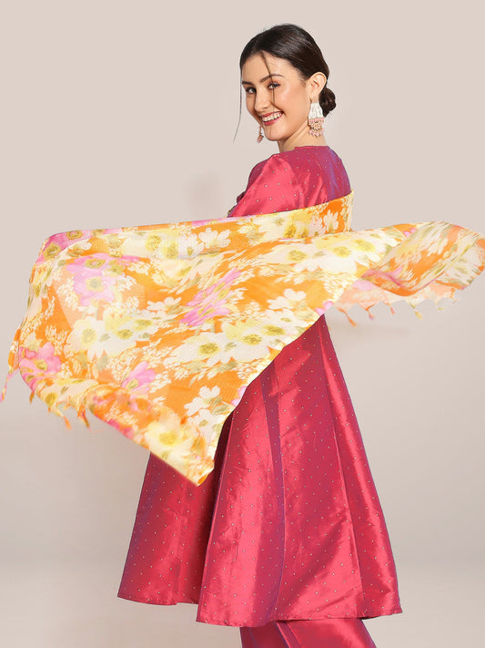 Digital Printed Floral Orange & Pink Kota Doria Dupatta freeshipping - Dupatta Bazaar