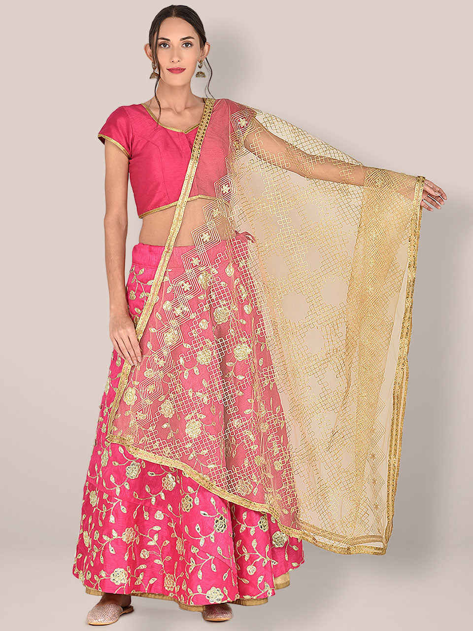 Embellished Gold Net Dupatta freeshipping - Dupatta Bazaar