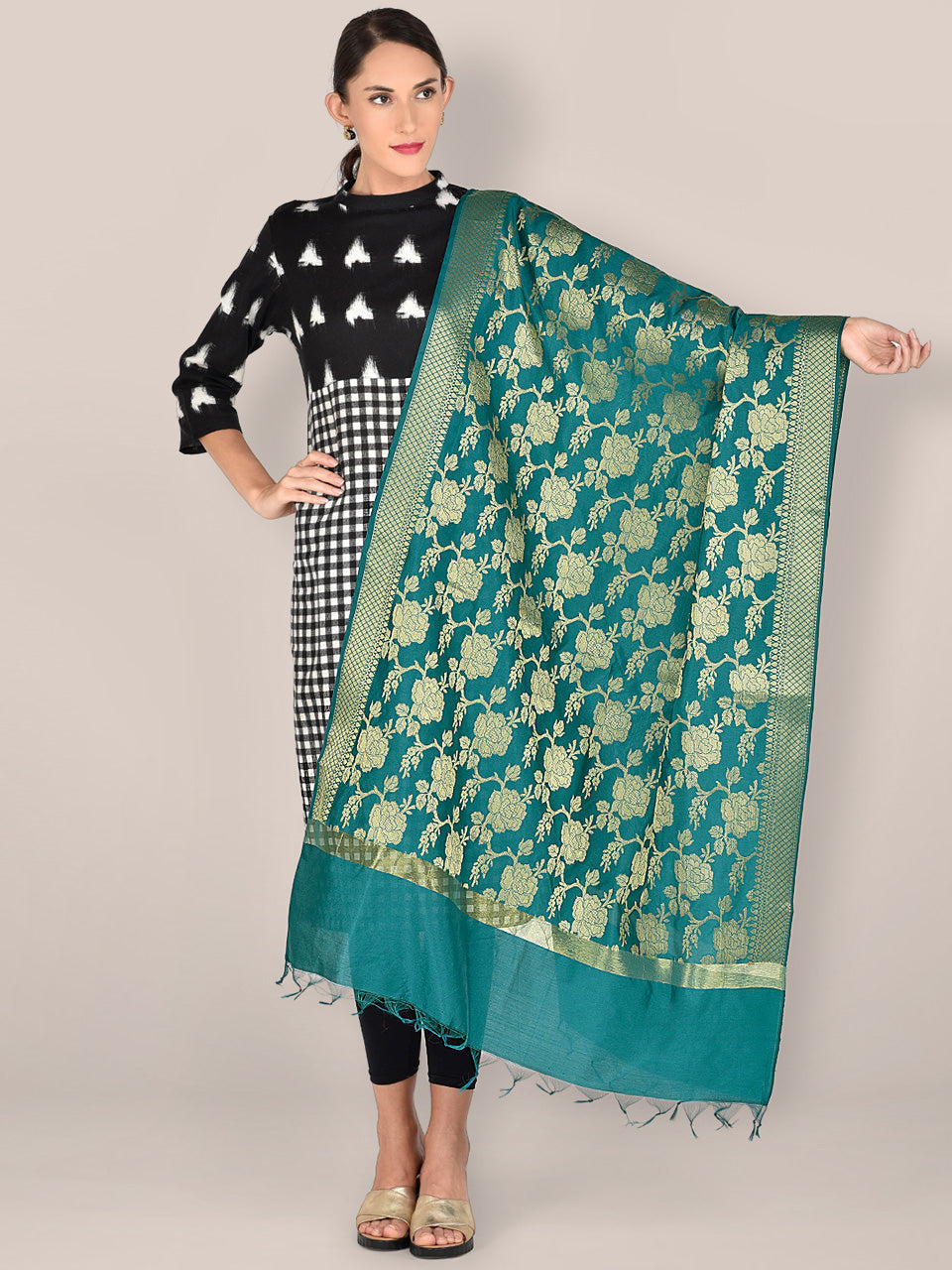 Banarasi Teal Silk Dupatta with Floral Jaal freeshipping - Dupatta Bazaar