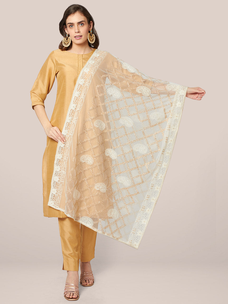 Cream Lucknowi Net Dupatta with Gold Embroidery freeshipping - Dupatta Bazaar