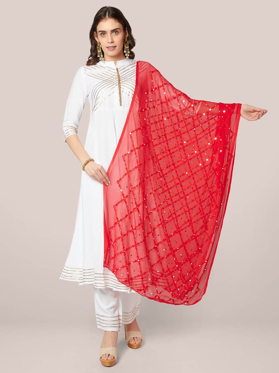 Embroidered Chiffon Dupatta with Mirror Work freeshipping - Dupatta Bazaar