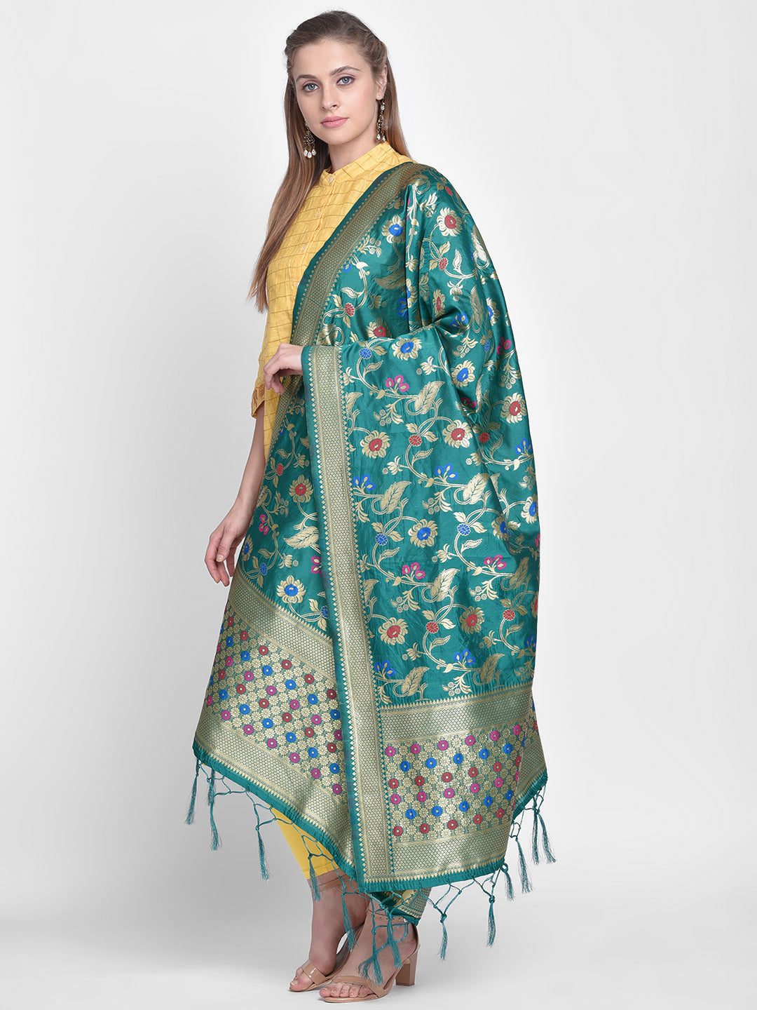 Dupatta Bazaar Woman's Teal Banarasi Silk Dupatta with floral Jaal - Dupatta Bazaar