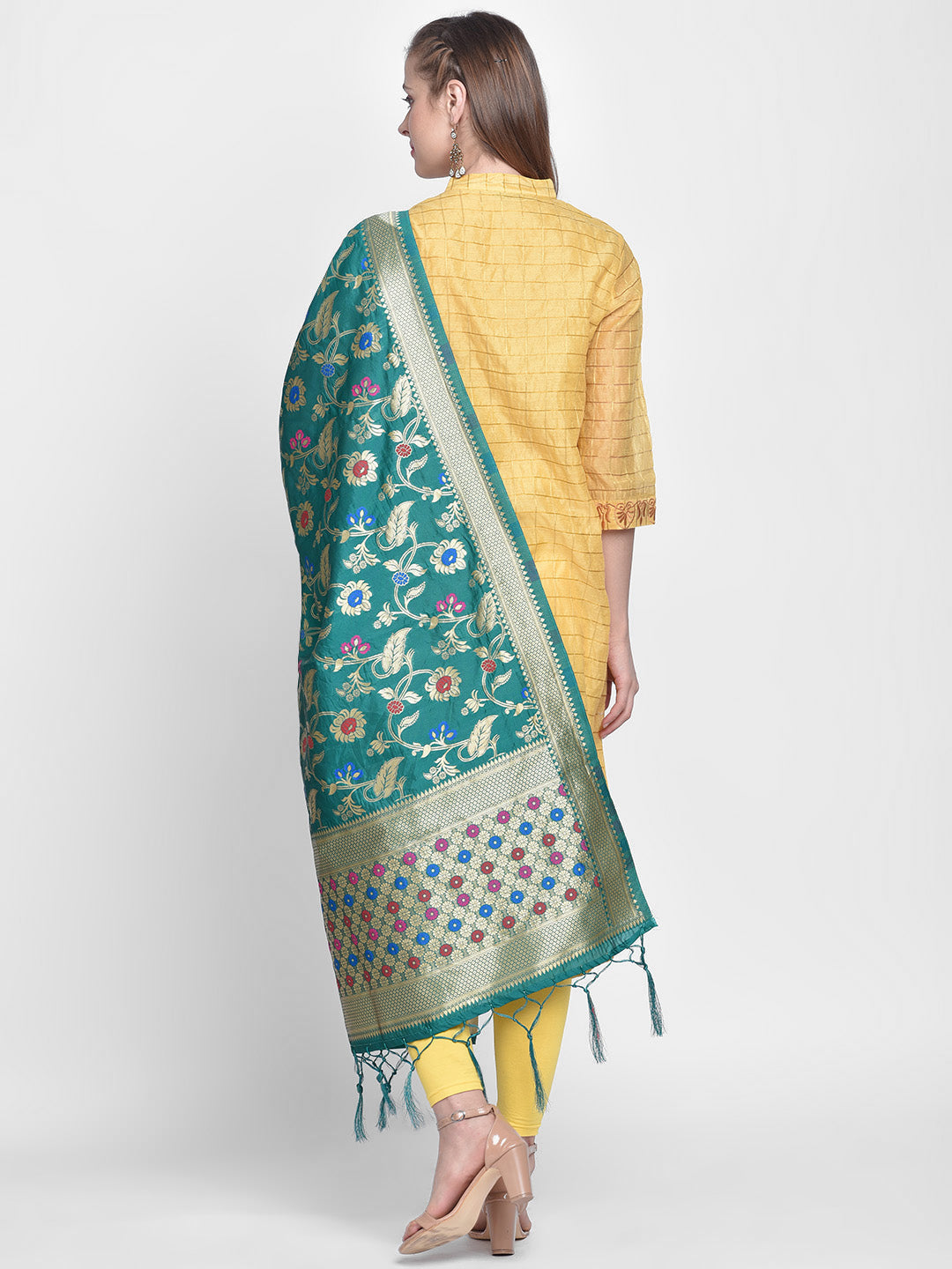 Dupatta Bazaar Woman's Teal Banarasi Silk Dupatta with floral Jaal - Dupatta Bazaar