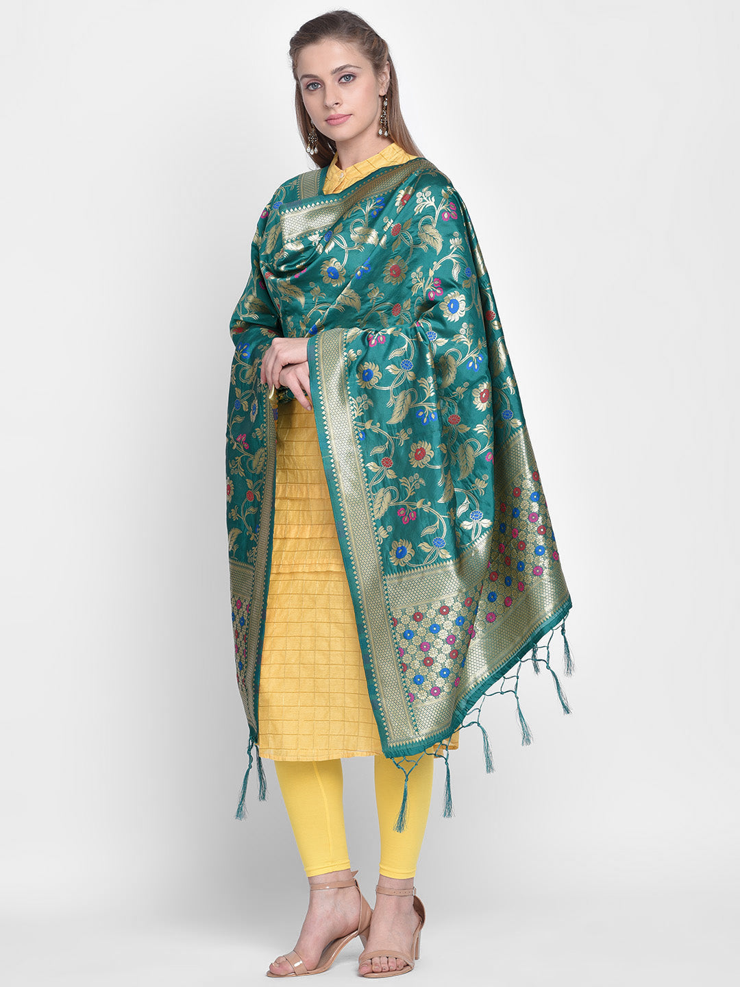 Dupatta Bazaar Woman's Teal Banarasi Silk Dupatta with floral Jaal - Dupatta Bazaar