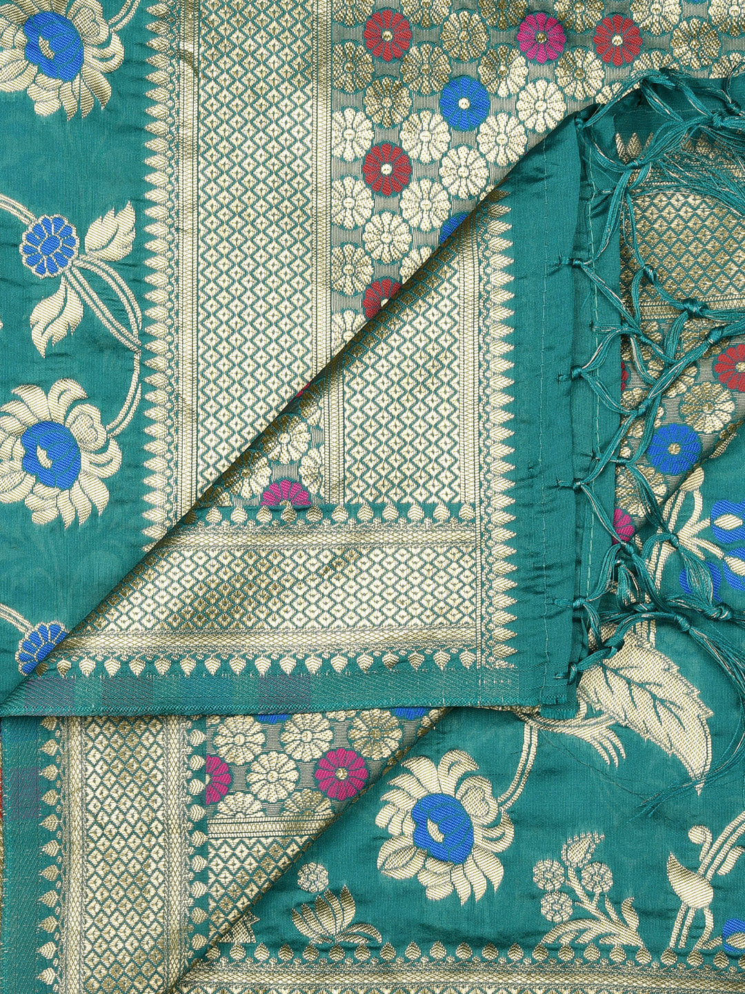 Dupatta Bazaar Woman's Teal Banarasi Silk Dupatta with floral Jaal - Dupatta Bazaar