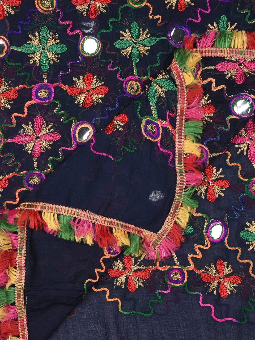 Dupatta Bazaar Woman's Ink Blue Phulkari  Dupatta with mirror work - Dupatta Bazaar