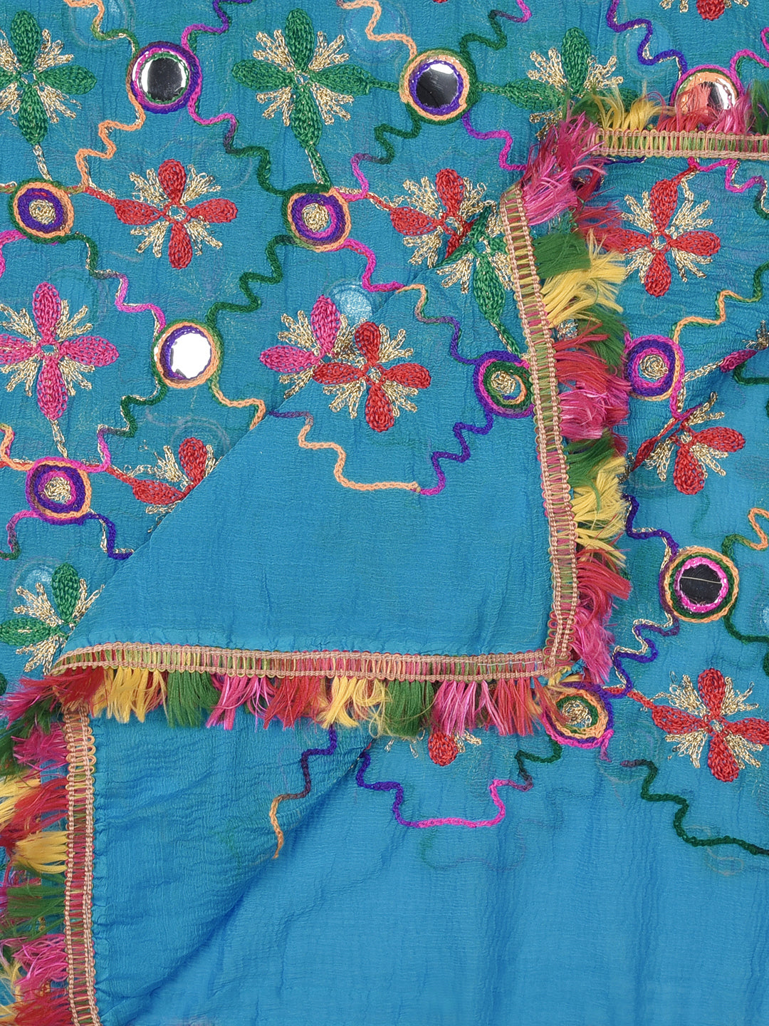 Dupatta Bazaar Woman's Turquoise Blue Phulkari Dupatta with mirror work - Dupatta Bazaar