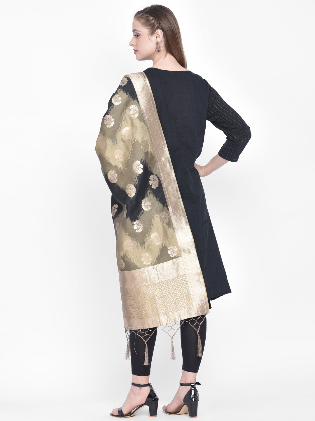 Dupatta Bazaar Woman's Black & Beige Shaded Banarasi Silk Dupatta - Dupatta Bazaar