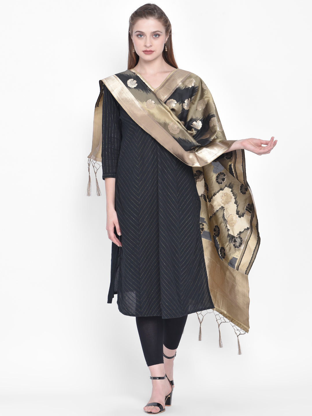 Dupatta Bazaar Woman's Black & Beige Shaded Banarasi Silk Dupatta - Dupatta Bazaar