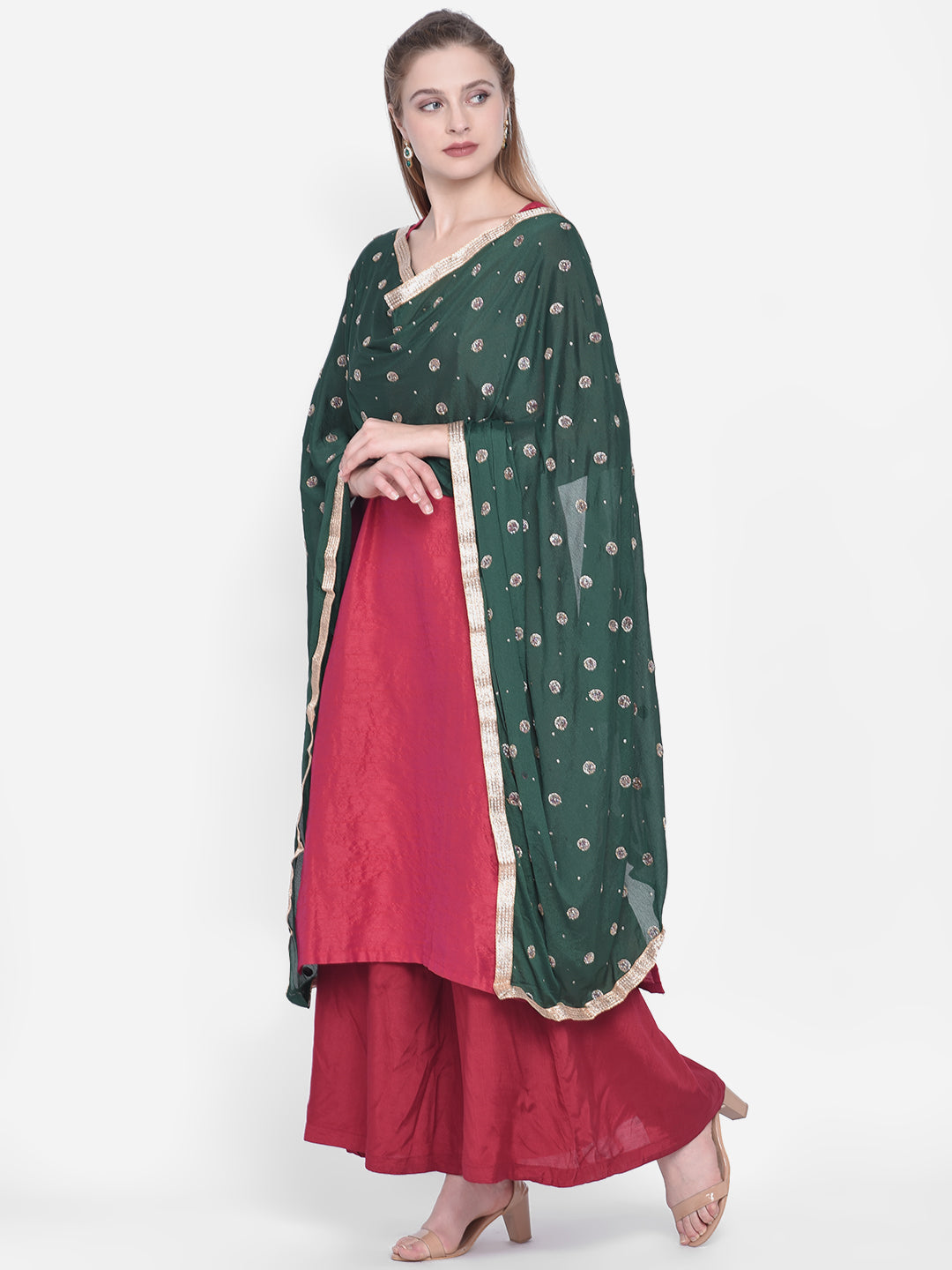 Dupatta Bazaar Woman's Green Embellished Chinon Dupatta. - Dupatta Bazaar